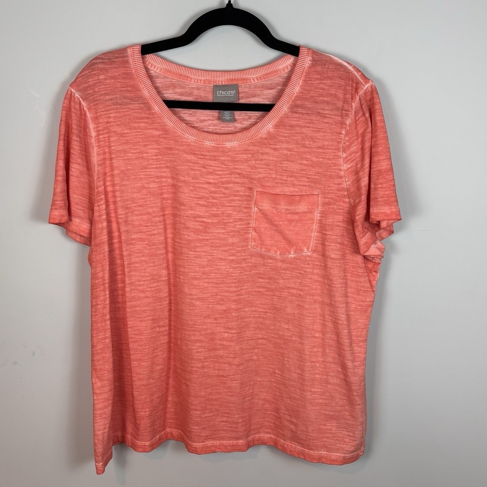 Chicos Women's Pink Orange 100% Cotton Short Sleeve Garment Dyed Tee Sz 3 (16/18